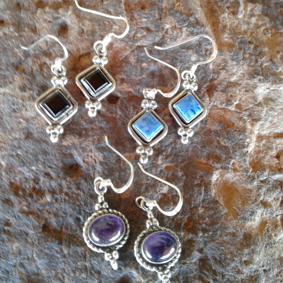 Sterling Silver Set of 3 GEMSTONE Earrings SET - Picture 5 of 9